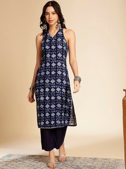 Navy Blue Geometric Printed Sleeveless Kurta for Women - Stylish V-Neck Calf Length | Indiaista