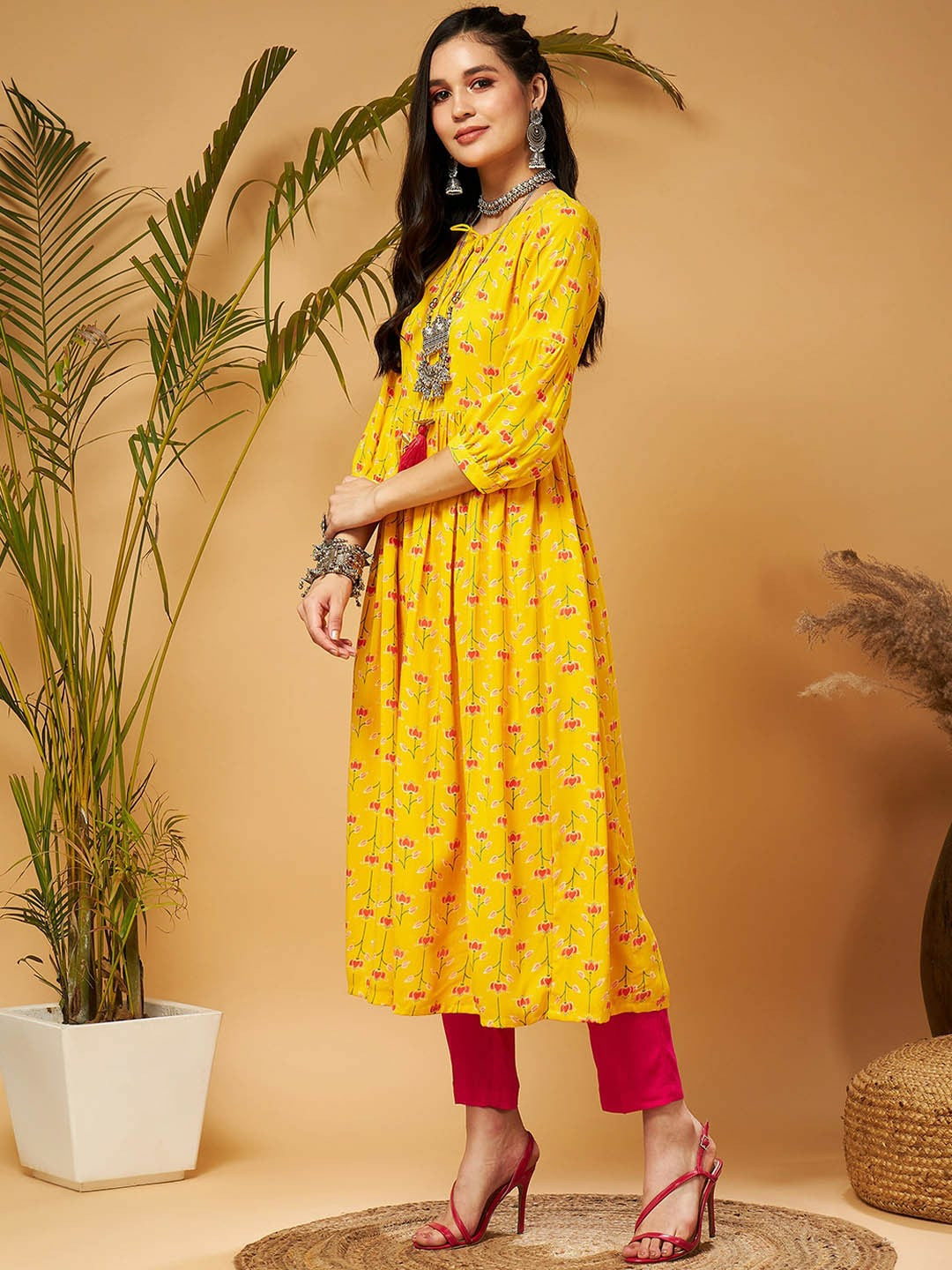 Bollywood Style Yellow Ethnic Motif Printed A-Line Kurta for Women – Diwali & Eid Outfit | Indiaista