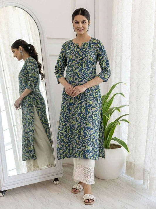 Ethnic Motifs Printed Green & Blue Cotton Straight Kurta - Notched Neck, Three-Quarter Sleeves | IndiaIsta