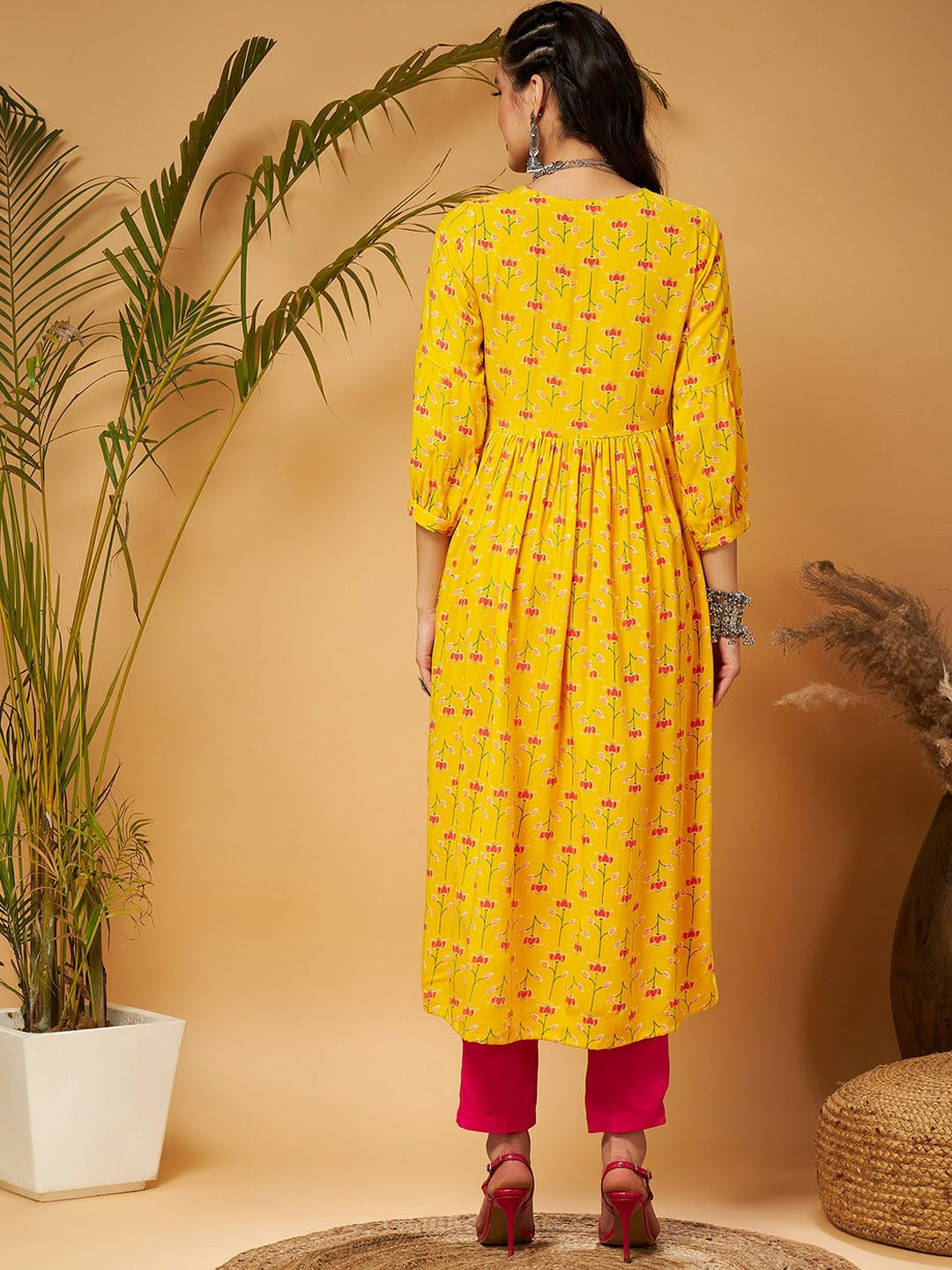 Bollywood Style Yellow Ethnic Motif Printed A-Line Kurta for Women – Diwali & Eid Outfit | Indiaista