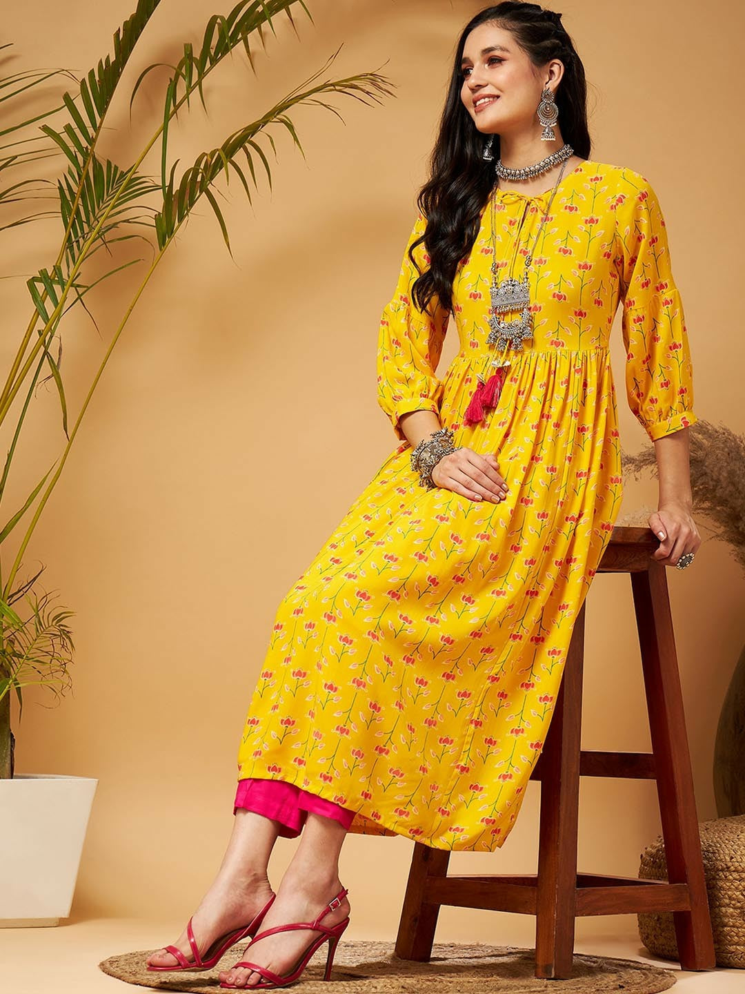 Bollywood Style Yellow Ethnic Motif Printed A-Line Kurta for Women – Diwali & Eid Outfit | Indiaista