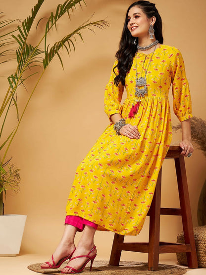 Bollywood Style Yellow Ethnic Motif Printed A-Line Kurta for Women – Diwali & Eid Outfit | Indiaista