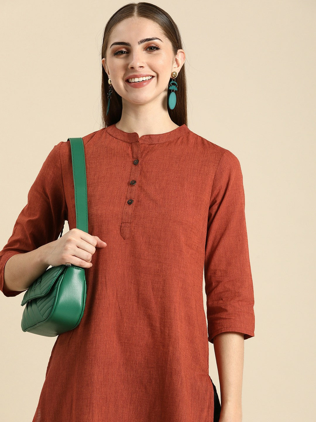 Buy Rust Solid Women’s Mandarin Collar Kurta - Stylish Cotton Kurta for Everyday Wear | IndiaIsta