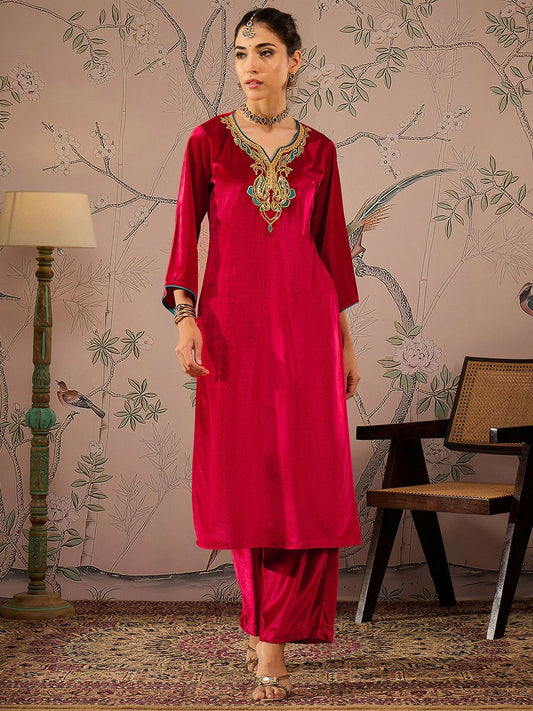 Red Velvet Embroidered Kurta for Women – Bollywood Eid Diwali Indian Pakistani Outfit | Indiaista