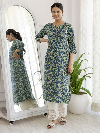 Ethnic Motifs Printed Green & Blue Cotton Straight Kurta - Notched Neck, Three-Quarter Sleeves | IndiaIsta