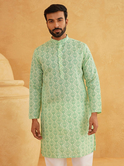 Men's Green & White Ethnic Motifs Printed Cotton Kurta – Mandarin Collar, Knee Length | Indiaista