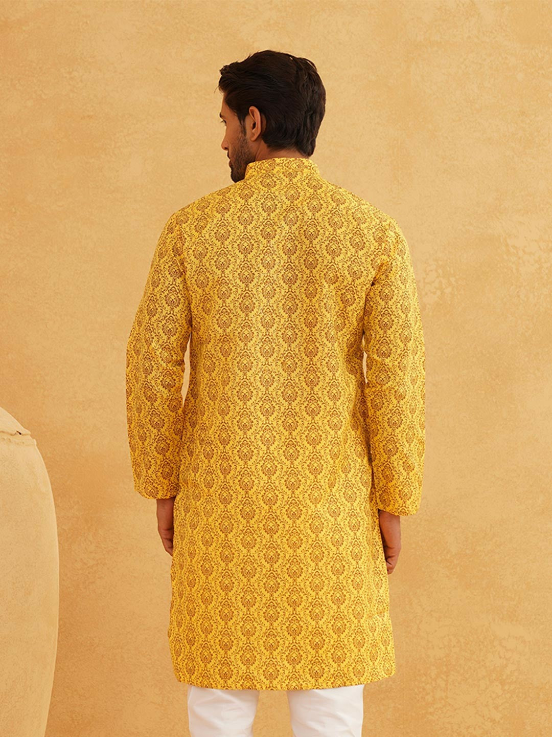 Men’s Mustard Yellow & Brown Ethnic Motifs Printed Kurta – Band Collar, Knee-Length, Cotton | Indiaista