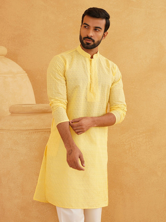 Men's Yellow Embroidered Mandarin Collar Kurta – Thread Work Detail, Regular Cotton, Knee Length | Indiaista