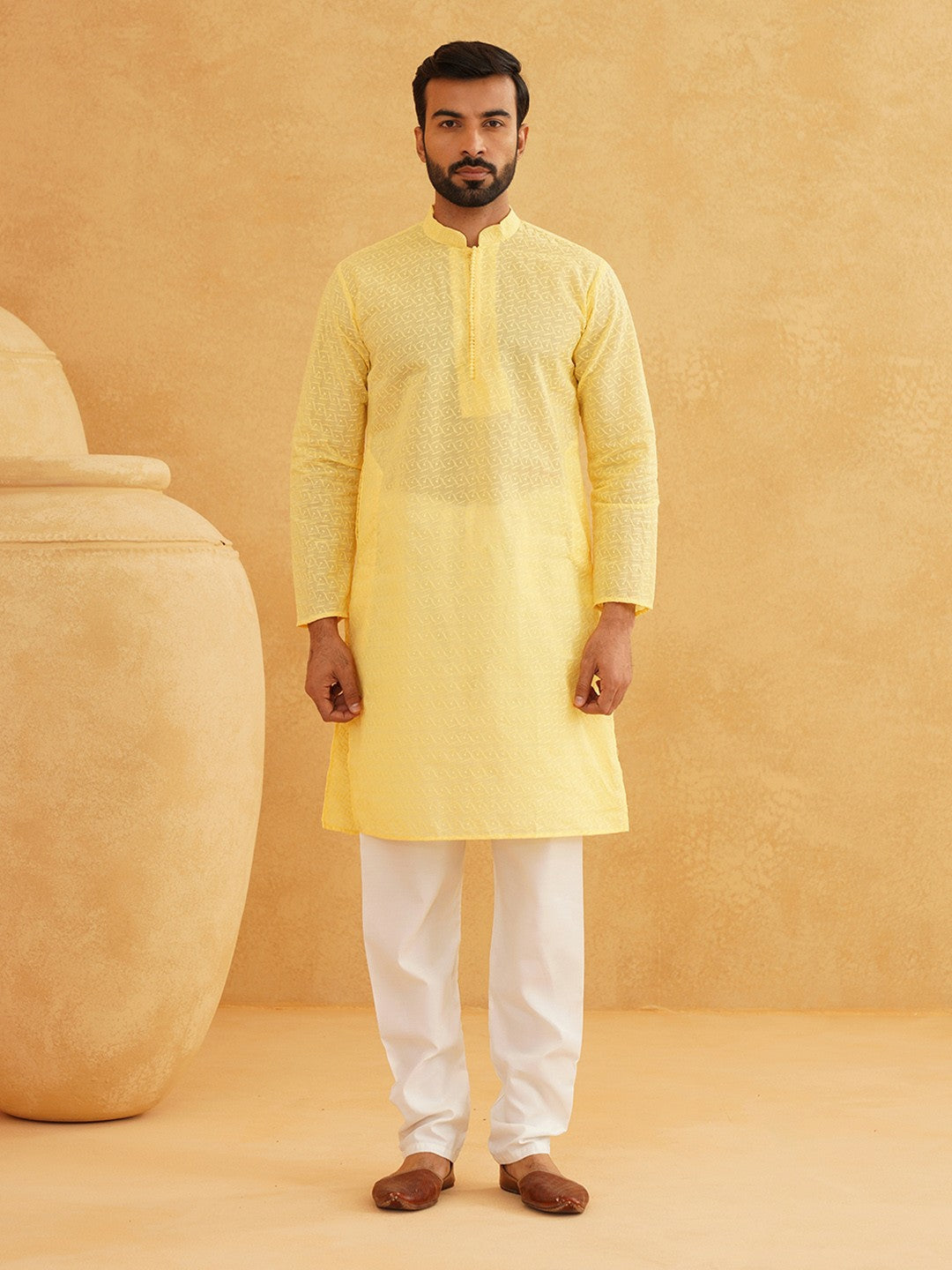 Men's Yellow Embroidered Mandarin Collar Kurta – Thread Work Detail, Regular Cotton, Knee Length | Indiaista