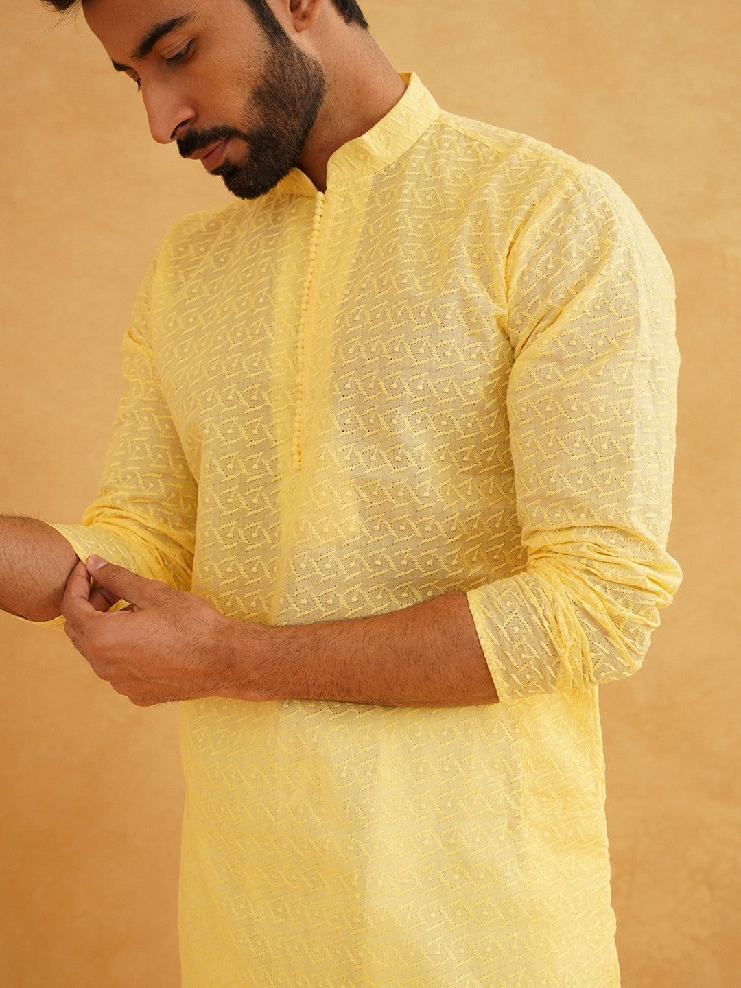 Men's Yellow Embroidered Mandarin Collar Kurta – Thread Work Detail, Regular Cotton, Knee Length | Indiaista