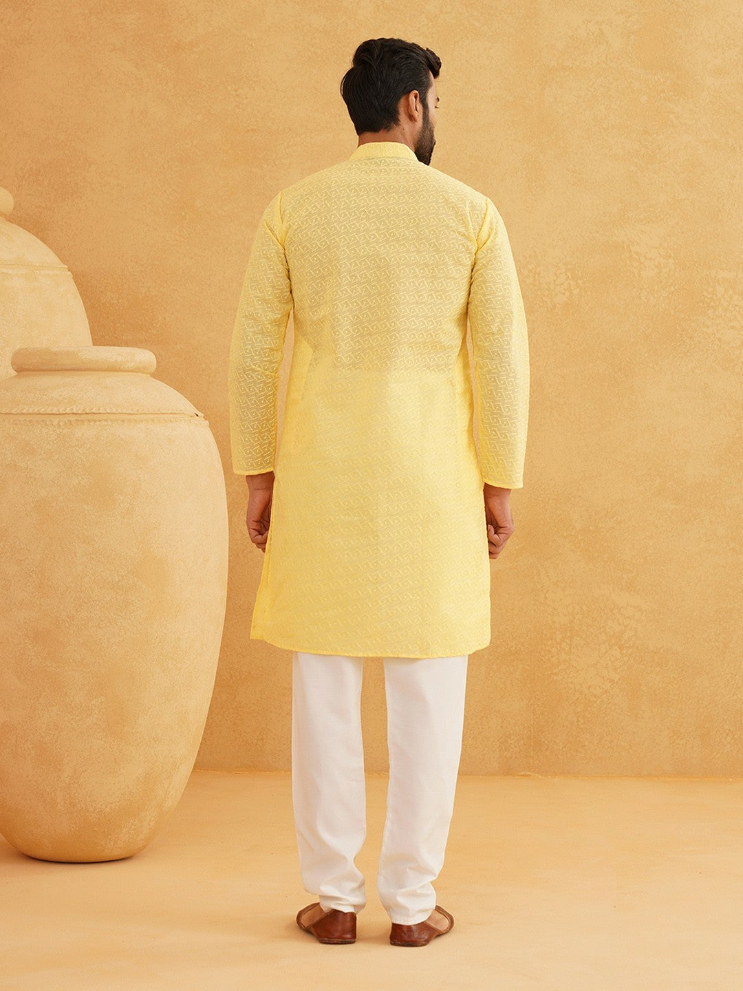 Men's Yellow Embroidered Mandarin Collar Kurta – Thread Work Detail, Regular Cotton, Knee Length | Indiaista