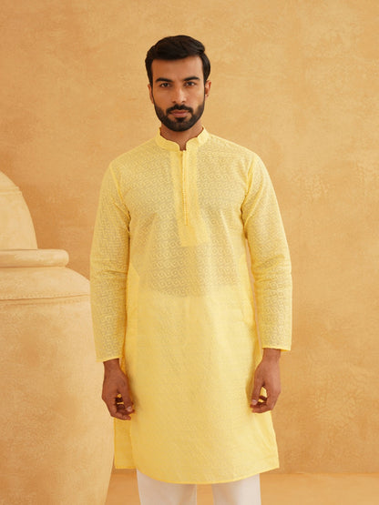 Men's Yellow Embroidered Mandarin Collar Kurta – Thread Work Detail, Regular Cotton, Knee Length | Indiaista