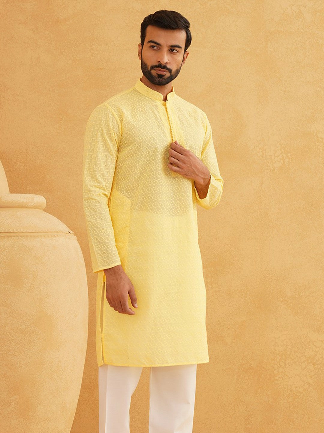 Men's Yellow Embroidered Mandarin Collar Kurta – Thread Work Detail, Regular Cotton, Knee Length | Indiaista