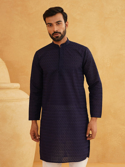 Men’s Navy Blue Woven Design Kurta – Mandarin Collar, Cotton, Knee-Length | Indiaista