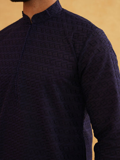 Men’s Navy Blue Woven Design Kurta – Mandarin Collar, Cotton, Knee-Length | Indiaista