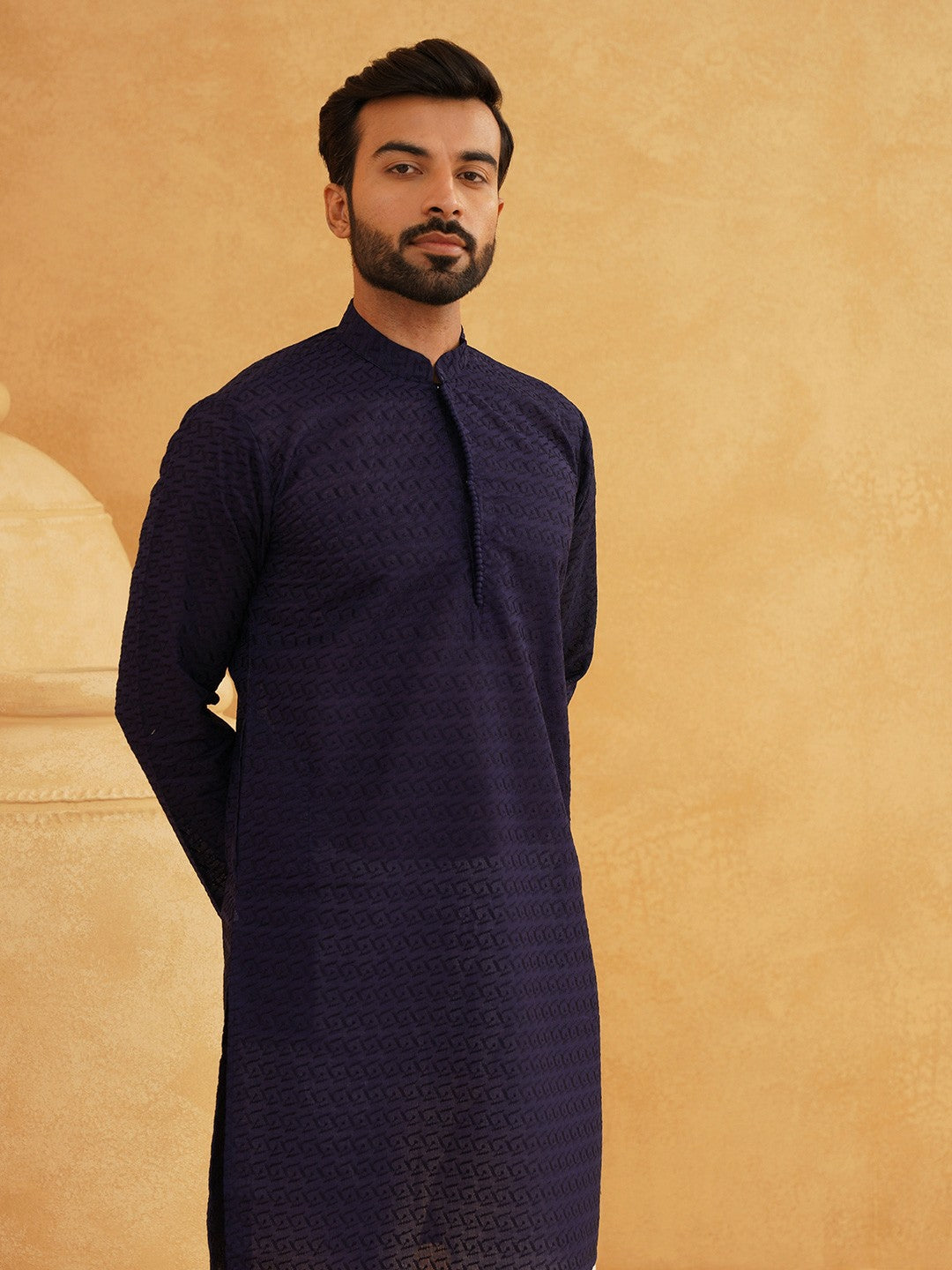 Men’s Navy Blue Woven Design Kurta – Mandarin Collar, Cotton, Knee-Length | Indiaista