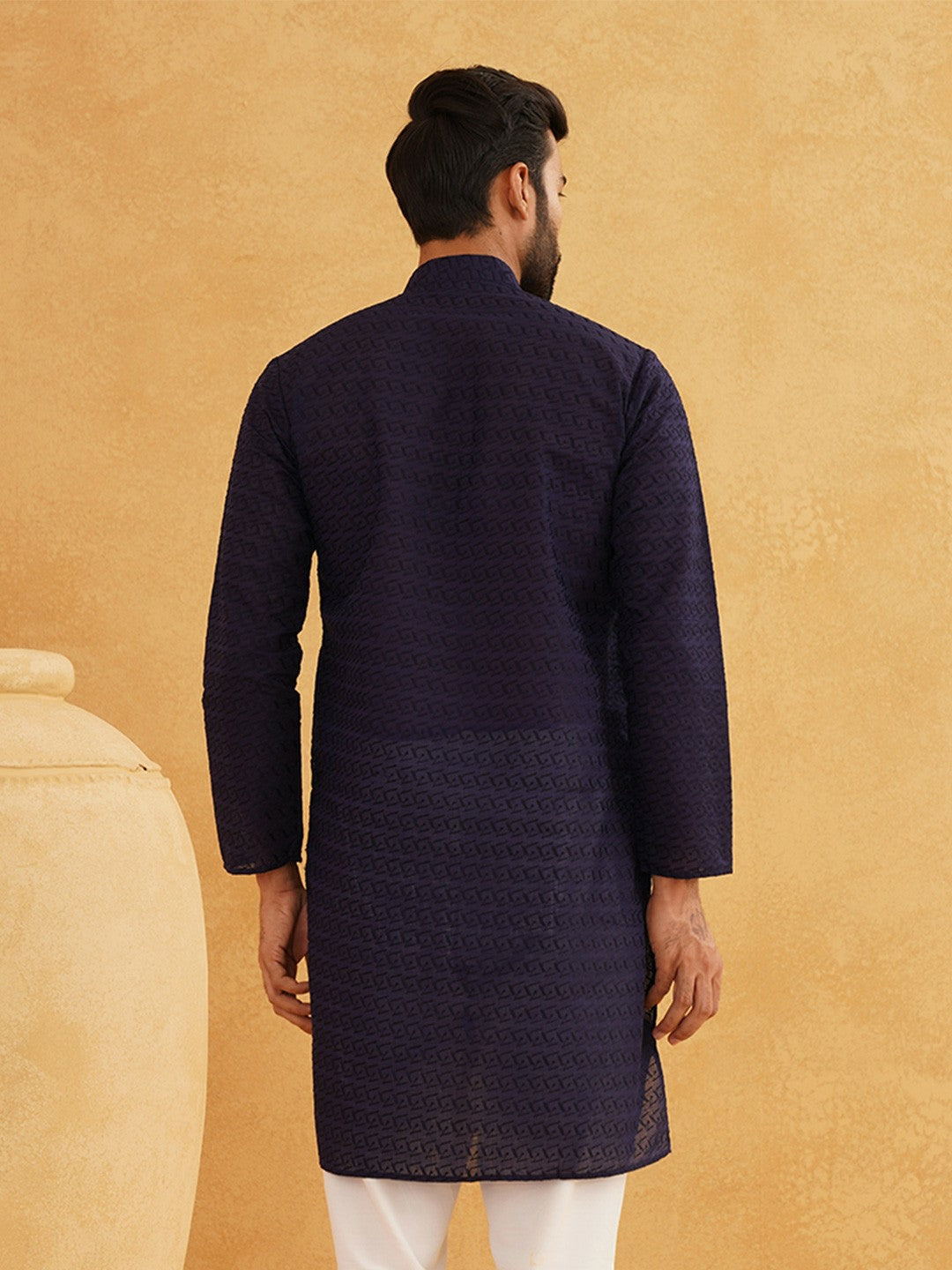 Men’s Navy Blue Woven Design Kurta – Mandarin Collar, Cotton, Knee-Length | Indiaista