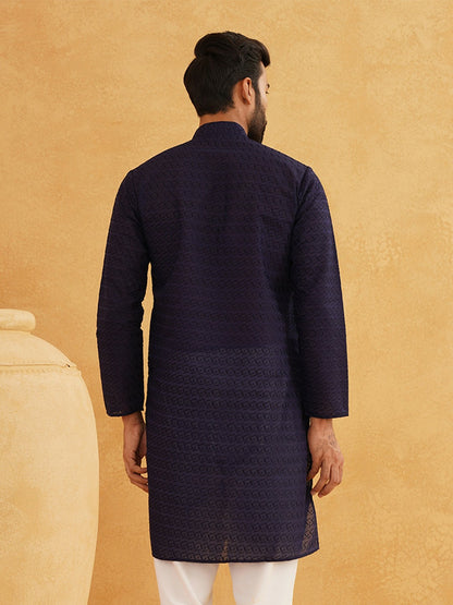 Men’s Navy Blue Woven Design Kurta – Mandarin Collar, Cotton, Knee-Length | Indiaista