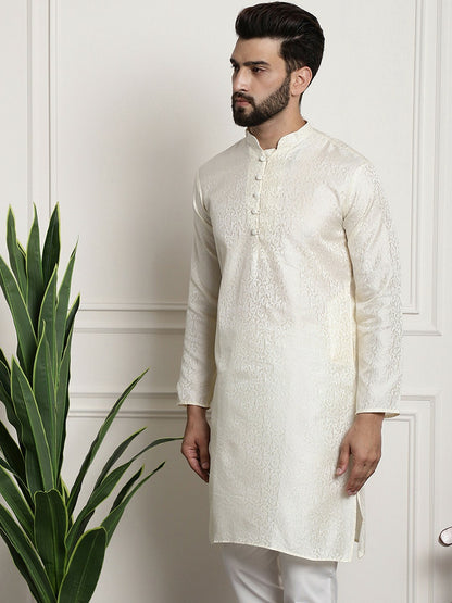 Off-White Men's Ethnic Kurta with Motifs – Mandarin Collar, Long Sleeves, Above Knee Length | Indiaista