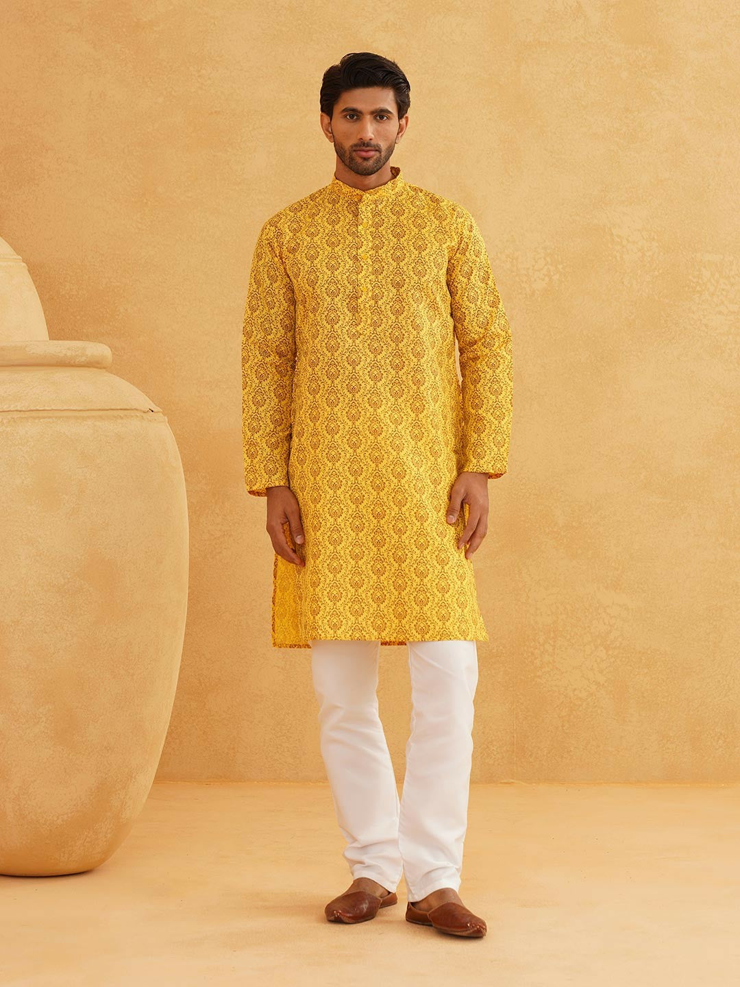 Men’s Mustard Yellow & Brown Ethnic Motifs Printed Kurta – Band Collar, Knee-Length, Cotton | Indiaista