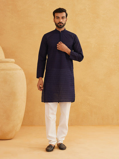 Men’s Navy Blue Woven Design Kurta – Mandarin Collar, Cotton, Knee-Length | Indiaista