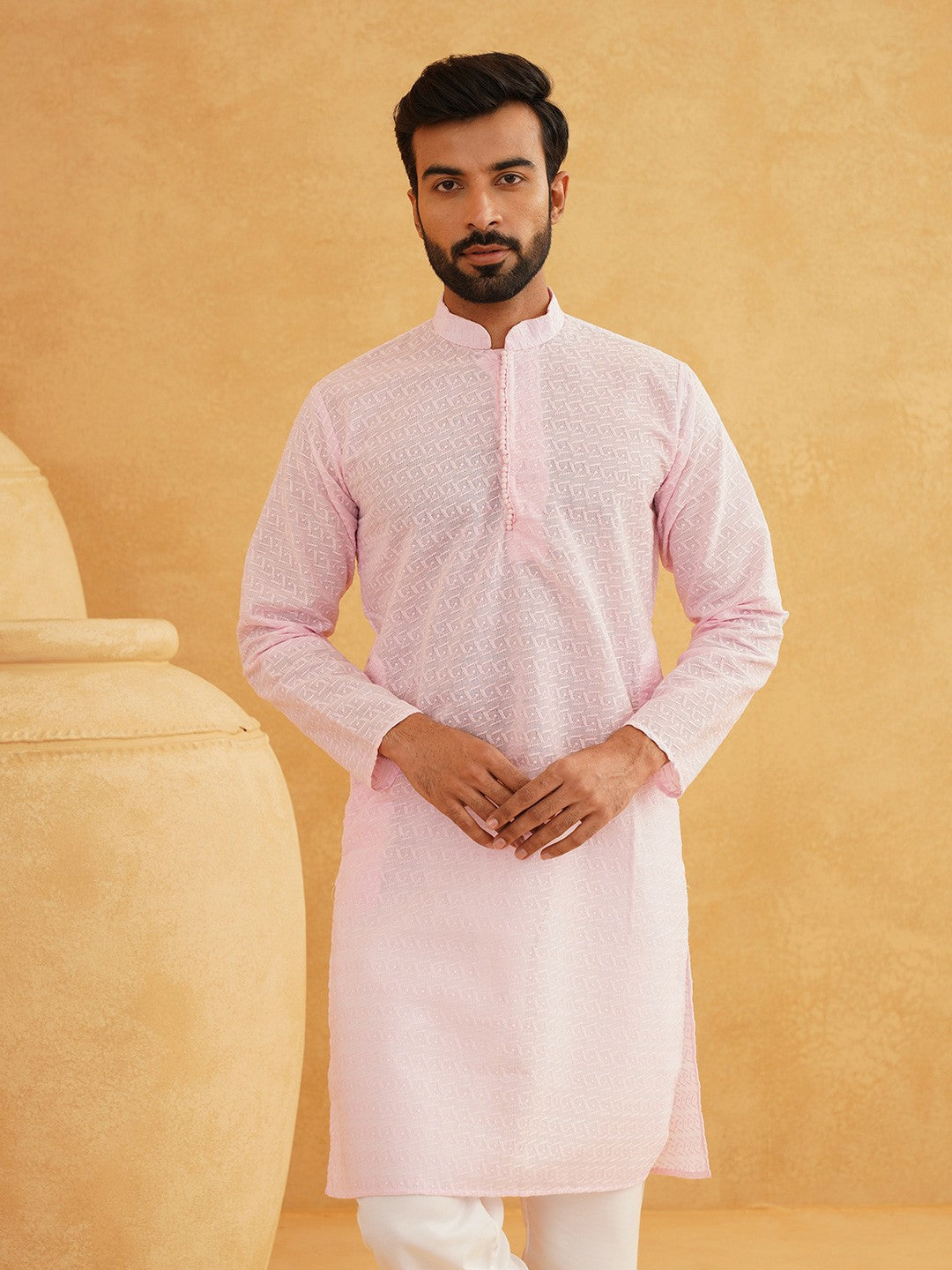 Men's Pink Floral Embroidered Kurta – Mandarin Collar, Thread Work, Knee-Length | Indiaista