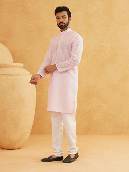 Men's Pink Floral Embroidered Kurta – Mandarin Collar, Thread Work, Knee-Length | Indiaista