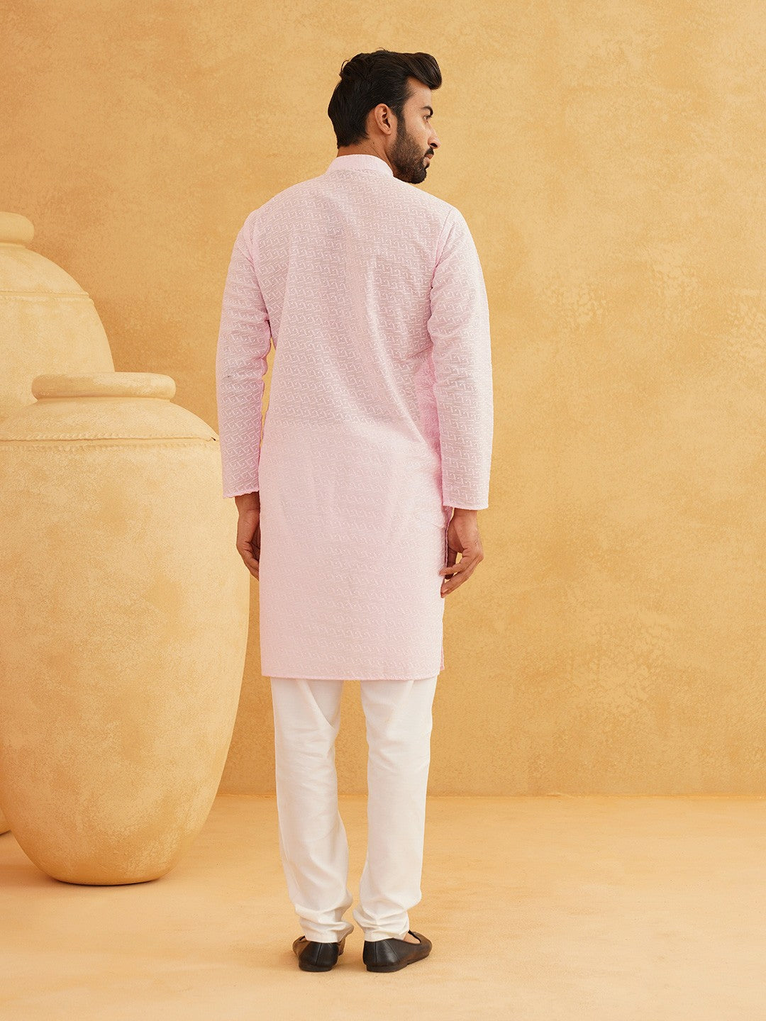 Men's Pink Floral Embroidered Kurta – Mandarin Collar, Thread Work, Knee-Length | Indiaista