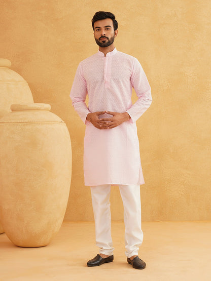 Men's Pink Floral Embroidered Kurta – Mandarin Collar, Thread Work, Knee-Length | Indiaista