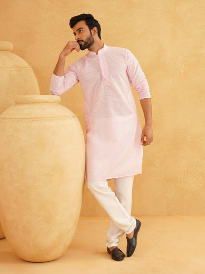 Men's Pink Floral Embroidered Kurta – Mandarin Collar, Thread Work, Knee-Length | Indiaista