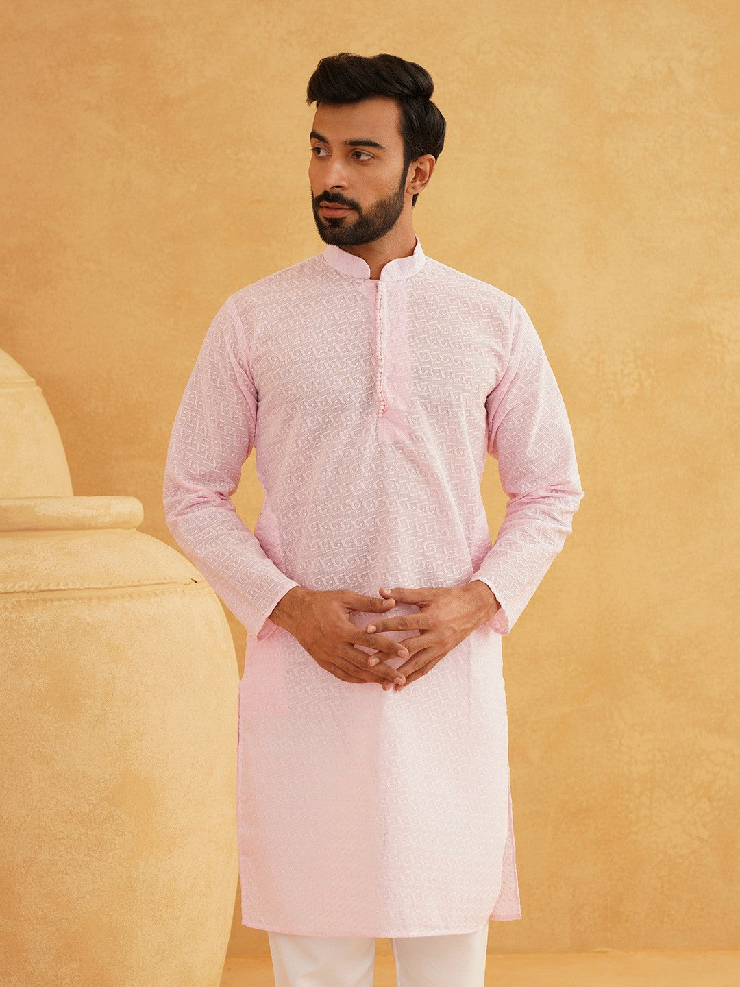 Men's Pink Floral Embroidered Kurta – Mandarin Collar, Thread Work, Knee-Length | Indiaista