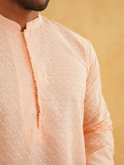 Men’s Peach-Coloured Solid Kurta – Woven Design, Mandarin Collar, Cotton | Indiaista