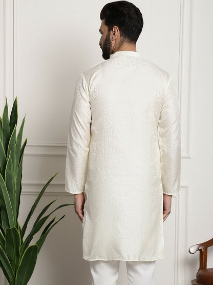 Off-White Men's Ethnic Kurta with Motifs – Mandarin Collar, Long Sleeves, Above Knee Length | Indiaista