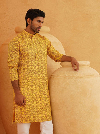 Men’s Mustard Yellow & Brown Ethnic Motifs Printed Kurta – Band Collar, Knee-Length, Cotton | Indiaista