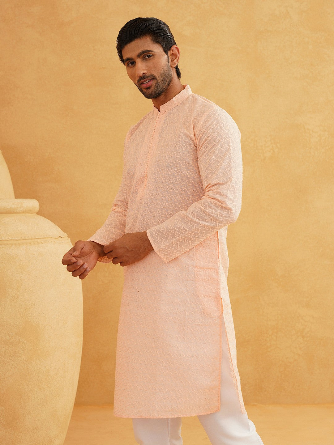 Men’s Peach-Coloured Solid Kurta – Woven Design, Mandarin Collar, Cotton | Indiaista