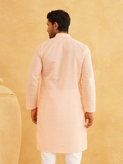 Men’s Peach-Coloured Solid Kurta – Woven Design, Mandarin Collar, Cotton | Indiaista