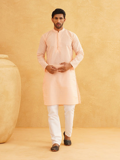 Men’s Peach-Coloured Solid Kurta – Woven Design, Mandarin Collar, Cotton | Indiaista