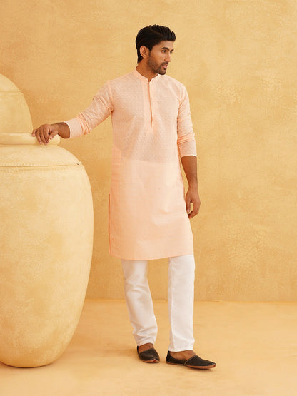 Men’s Peach-Coloured Solid Kurta – Woven Design, Mandarin Collar, Cotton | Indiaista