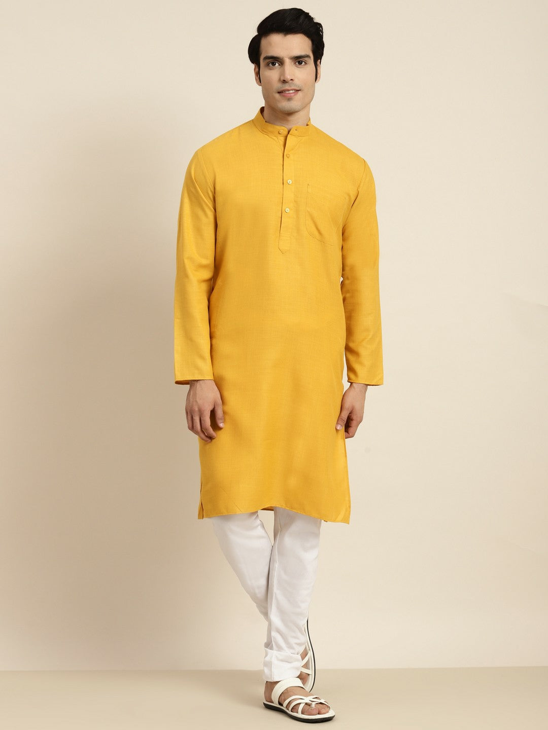 Men's Mustard Yellow Solid Kurta with Mandarin Collar – Regular Fit, Knee-Length Cotton Kurta | Indiaista