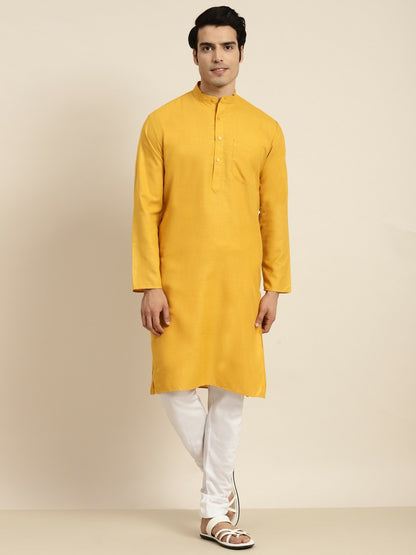 Men's Mustard Yellow Solid Kurta with Mandarin Collar – Regular Fit, Knee-Length Cotton Kurta | Indiaista