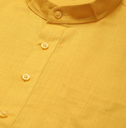 Men's Mustard Yellow Solid Kurta with Mandarin Collar – Regular Fit, Knee-Length Cotton Kurta | Indiaista