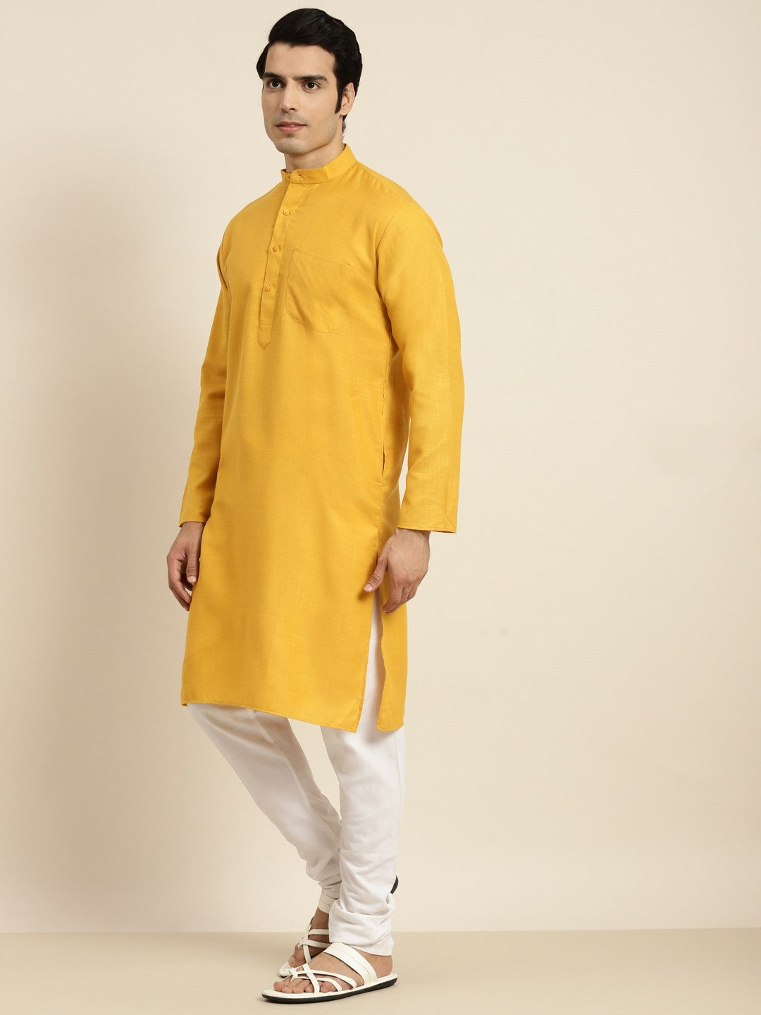 Men's Mustard Yellow Solid Kurta with Mandarin Collar – Regular Fit, Knee-Length Cotton Kurta | Indiaista