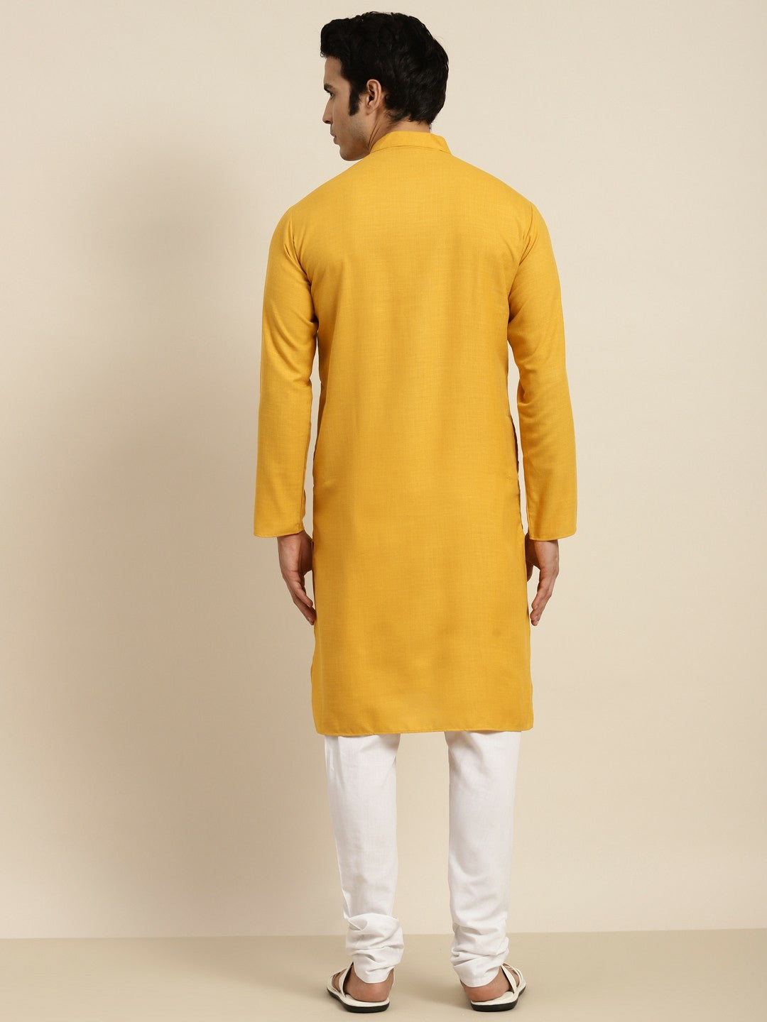 Men's Mustard Yellow Solid Kurta with Mandarin Collar – Regular Fit, Knee-Length Cotton Kurta | Indiaista