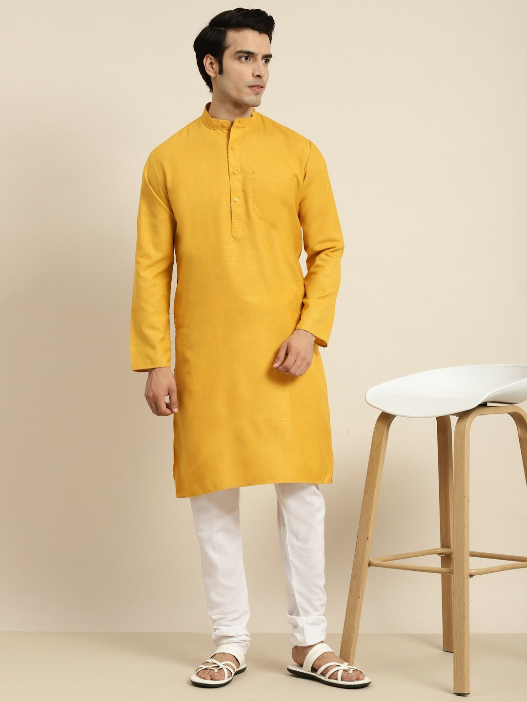 Men's Mustard Yellow Solid Kurta with Mandarin Collar – Regular Fit, Knee-Length Cotton Kurta | Indiaista