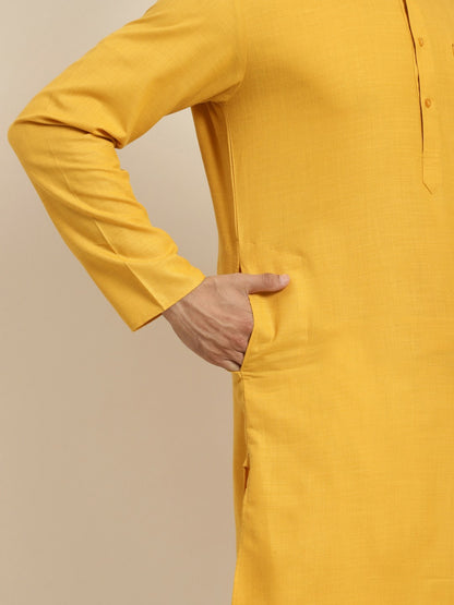 Men's Mustard Yellow Solid Kurta with Mandarin Collar – Regular Fit, Knee-Length Cotton Kurta | Indiaista