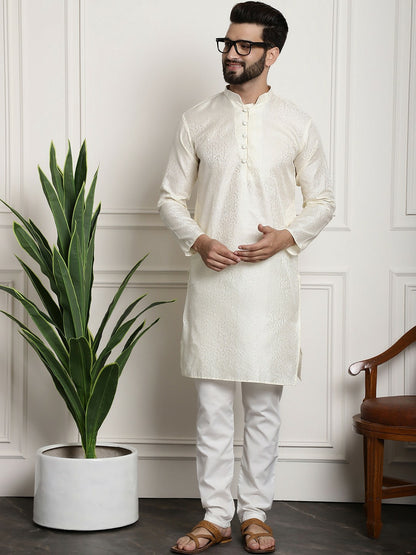 Off-White Men's Ethnic Kurta with Motifs – Mandarin Collar, Long Sleeves, Above Knee Length | Indiaista