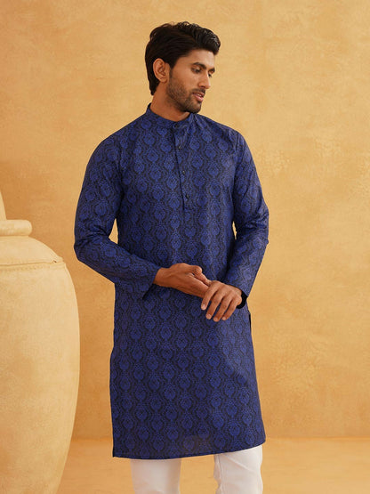 Men’s Navy Blue & White Ethnic Motifs Printed Kurta – Cotton Linen, Mandarin Collar, Knee Length | Indiaista