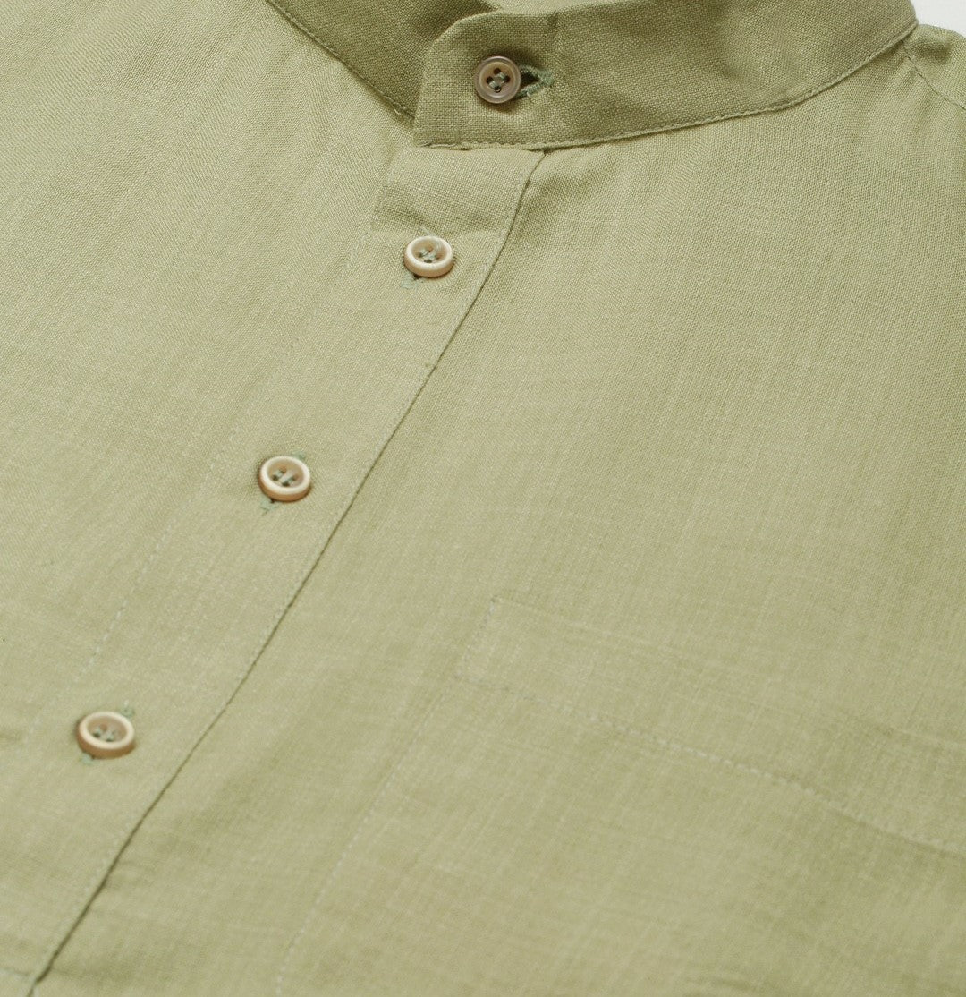 Men’s Green Solid Kurta with Mandarin Collar – Cotton Knee-Length Traditional Kurta | Indiaista