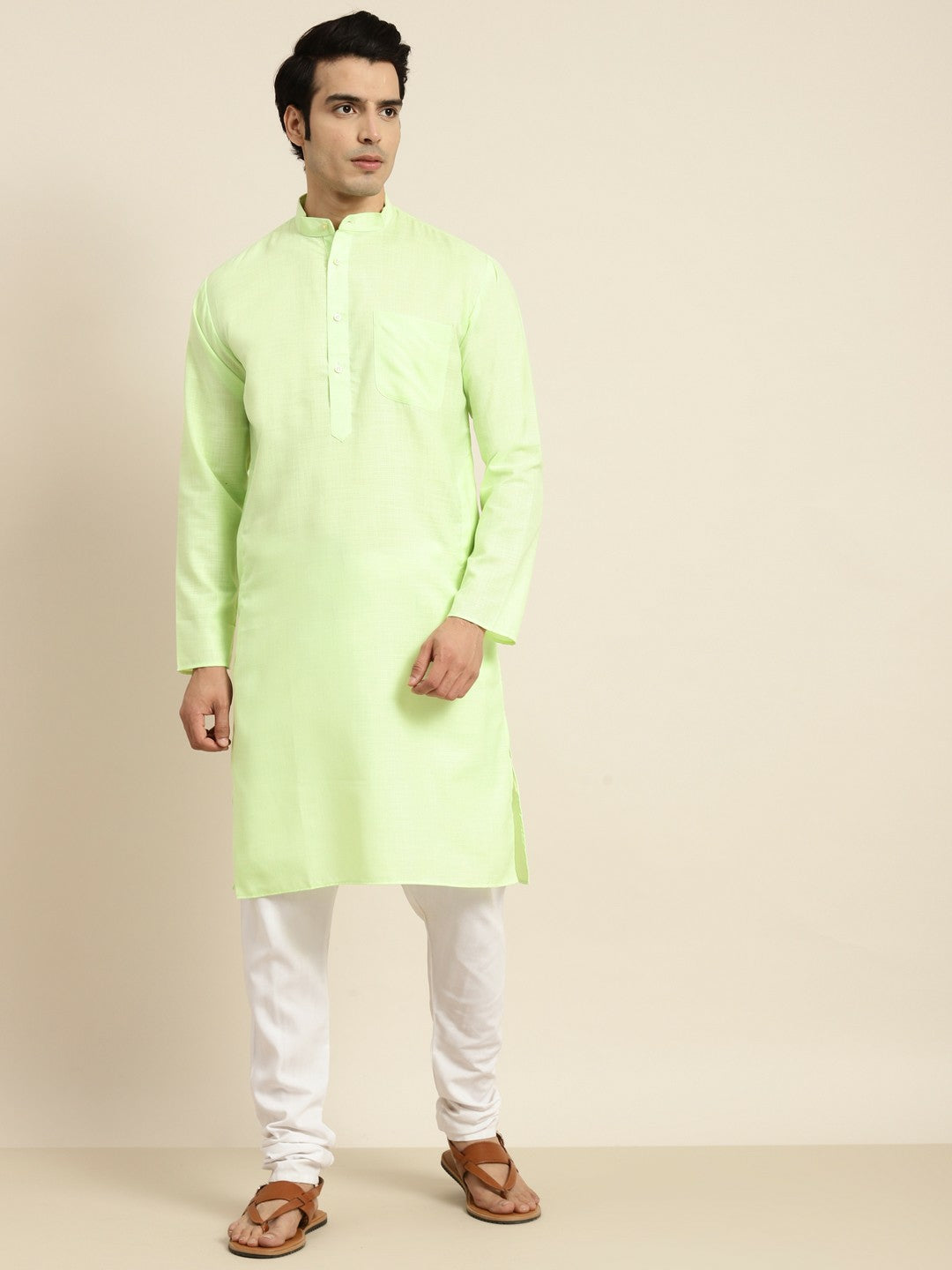 Men’s Green Band Collar Kurta – Solid Cotton Kurta with Long Sleeves | Indiaista