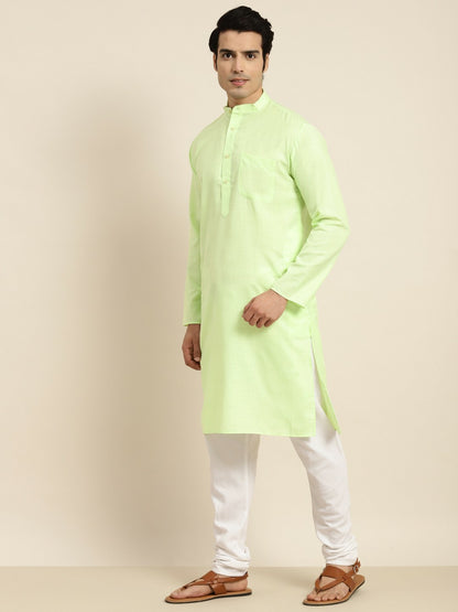 Men’s Green Band Collar Kurta – Solid Cotton Kurta with Long Sleeves | Indiaista